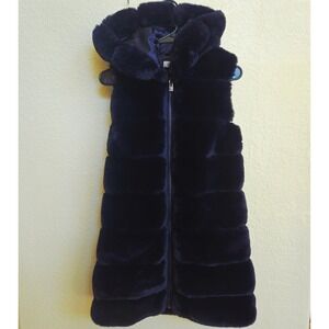 Via Spiga Midnight Blue Faux Fur Long Hood Vest Velour Soft Whimsigoth Witchy XS
